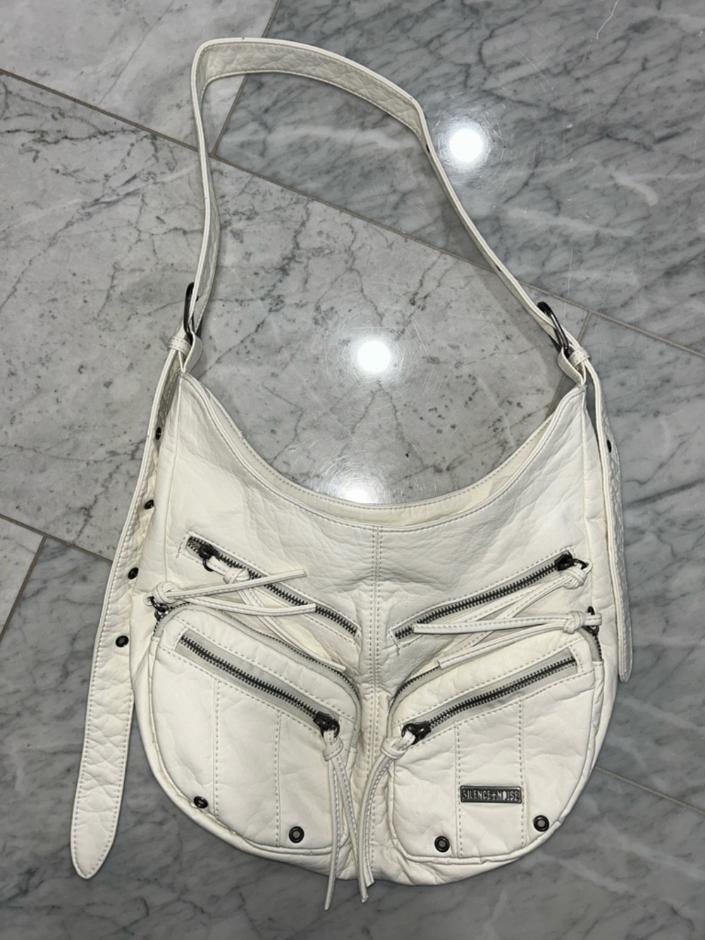 silence + noise White Leather Shoulder Bag with Four Front Zip Pockets